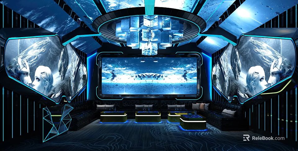 Futuristic Style KTV Interior With Blue Lighting Large Screen And Sofas 3d model