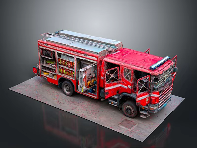 Red Fire Truck Model With Open Doors Ladder And Internal Equipment 3d model