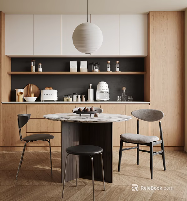 Modern Restaurant Kitchen Dining Area With Round Marble Table Grey Chairs Black Stool Wooden Elements 3d model