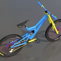 Blue and Yellow Downhill Mountain Bike With Large Tires Blue Frame Yellow Fork
