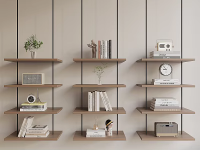 Modern Minimalist Shelves with Books Plants Radio and Decorative Items for Home Storage 3d model