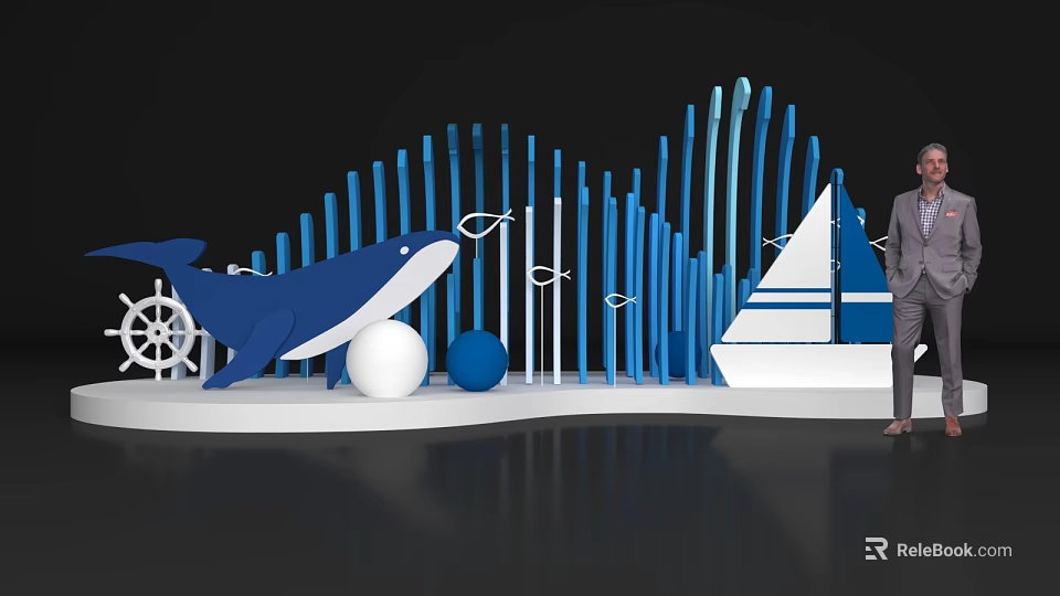 Marine Themed Photo Spot With Blue Whale Figure White Blue Spheres And Sailboat Structure 3d model 