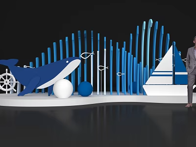 Marine Themed Photo Spot With Blue Whale Figure White Blue Spheres And Sailboat Structure 3d model