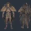 Two Humanoid Creatures With Long Shaggy Hair Skeletal Armor And Muscular Bodies