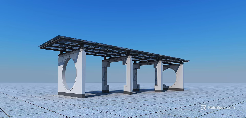 Modern Pergola Structure With Black Roof White Columns Circular Cutouts And Gray Stone Floor 3d model 