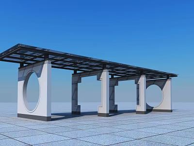 Modern Pergola Structure With Black Roof White Columns Circular Cutouts And Gray Stone Floor 3d model