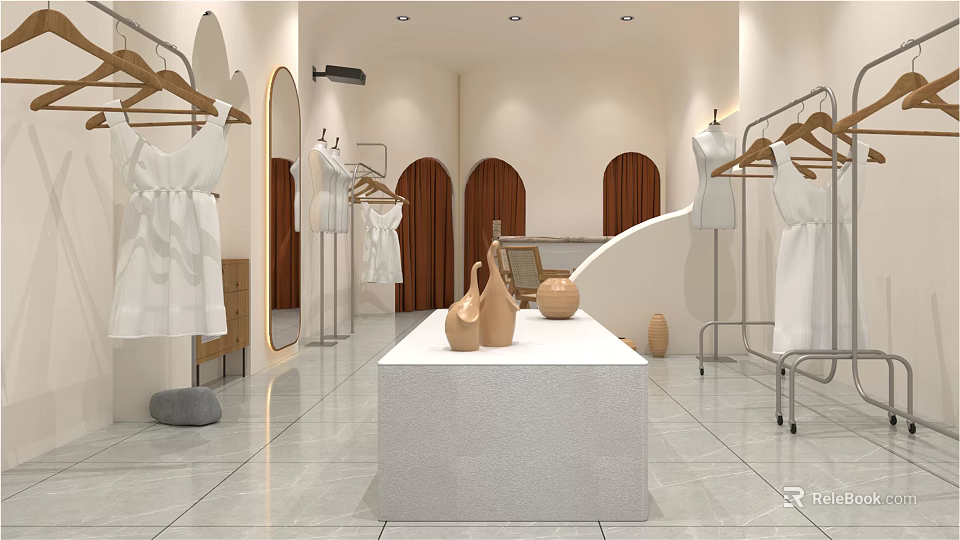 Modern Clothing Store Interior Design With White Clothes Display Table Arched Doors And Ceramic Vases 3d model