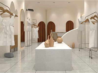 Modern Clothing Store Interior Design With White Clothes Display Table Arched Doors And Ceramic Vases 3d model