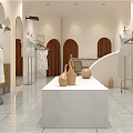 Modern Clothing Store Interior Design With White Clothes Display Table Arched Doors And Ceramic Vases 3d model