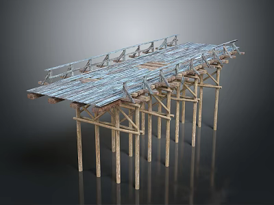 Construction Scaffolding Structure With Wooden Planks And Metal Supports Platform 3d model