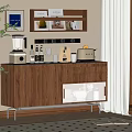 Elegant Wooden Sideboard With Glass Doors Drawers Coffee Machine Bottles And Window Blinds