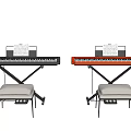 Musical Instruments Setup with Black and Red Keyboards Music Sheets and Stools 3d model