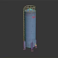 Industrial Vertical Blue Storage Tank With Ladder Top Guardrail And Red TANK Label