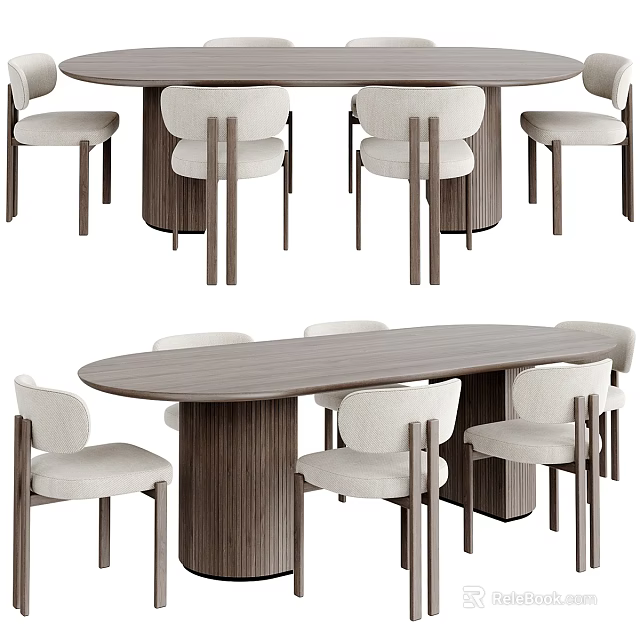 Modern Wooden Oval Dining Table with Upholstered Chairs Complete Dining Set 3d model 