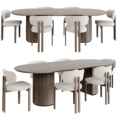 Modern Wooden Oval Dining Table with Upholstered Chairs Complete Dining Set 3d model