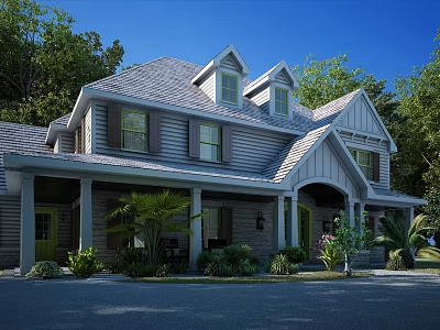Single Family House With Gray Roof White Siding Shutter Windows Porch Columns And Greenery 3d model