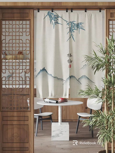 Chinese Style Curtains with Ink Painting Landscape Bamboo Design Linen Fabric for Zen Interior Decoration and Wooden Partition 3d model 