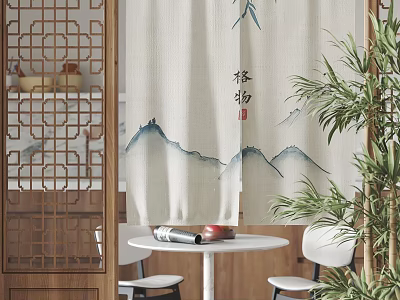 Chinese Style Curtains with Ink Painting Landscape Bamboo Design Linen Fabric for Zen Interior Decoration and Wooden Partition 3d model