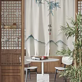 Chinese Style Curtains with Ink Painting Landscape Bamboo Design Linen Fabric for Zen Interior Decoration and Wooden Partition
