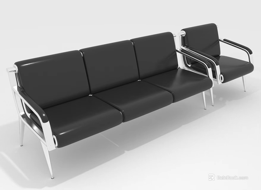 Modern Black Leather Sofa And Armchair With Chrome Metal Frame And Armrests 3d model 
