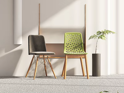 Minimalist Interior With Gray And Green Dining Chairs Wooden Legs Hollow Out Design 3d model