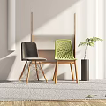 Minimalist Interior With Gray And Green Dining Chairs Wooden Legs Hollow Out Design