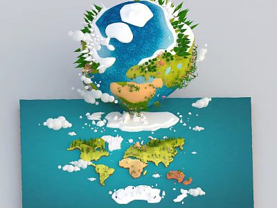 Cartoon Scenery of Earth with Green Trees White Clouds Colorful Continental Plates on Blue Base 3d model