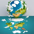 Cartoon Scenery of Earth with Green Trees White Clouds Colorful Continental Plates on Blue Base