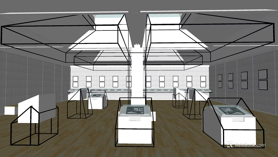 Exhibition Hall Interior Design With Display Cases Ceiling Lights And Wooden Flooring 3d model 