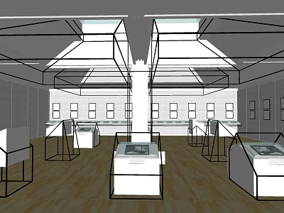 Exhibition Hall Interior Design With Display Cases Ceiling Lights And Wooden Flooring 3d model