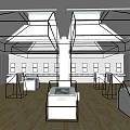Exhibition Hall Interior Design With Display Cases Ceiling Lights And Wooden Flooring