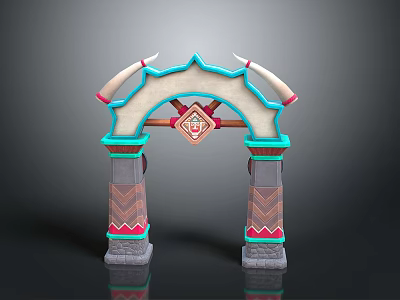Ornate Decorative Archway With Horns Diamond Emblem Turquoise Pink Accents And Geometric Pattern Pillars 3d model