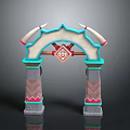 Ornate Decorative Archway With Horns Diamond Emblem Turquoise Pink Accents And Geometric Pattern Pillars