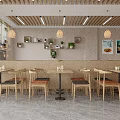 Modern Restaurant Interior With Wooden Ceiling Pendant Lights Green Plants And Wall Art