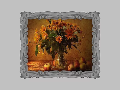 Oil Painting With Silver Carved Frame Featuring Yellow Flowers In Vase And Apples 3d model