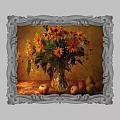 Oil Painting With Silver Carved Frame Featuring Yellow Flowers In Vase And Apples