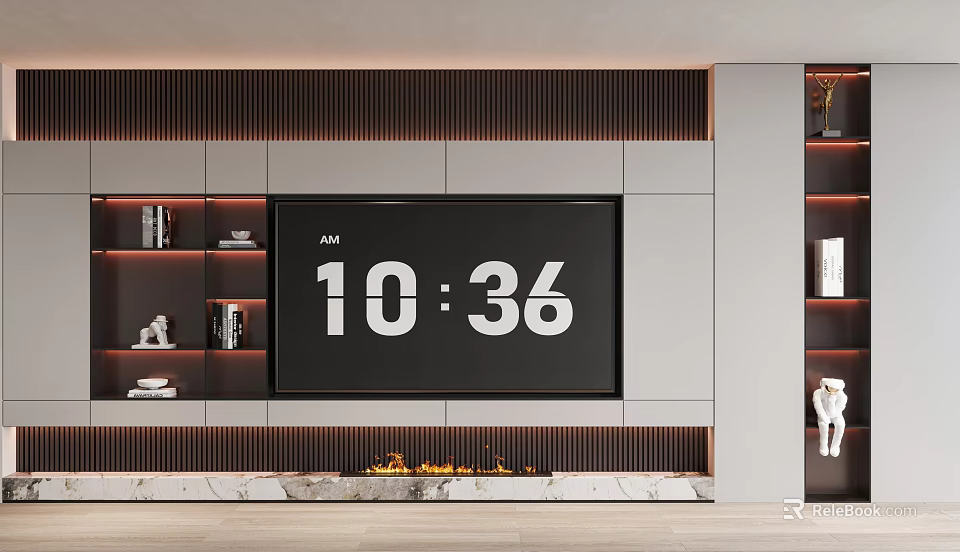 Modern TV Cabinet Interior With Fireplace Wooden Panels Shelves Books And Decorations 3d model 