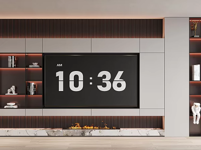 Modern TV Cabinet Interior With Fireplace Wooden Panels Shelves Books And Decorations 3d model