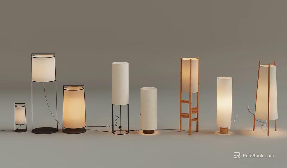 Modern Floor Lamps With Cylindrical Shades And Multiple Base Materials 3d model