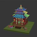 Cartoon Chinese Pagoda Scene With Blue Roof Red Pillars Golden Spire Wooden Barrels And Green Platform