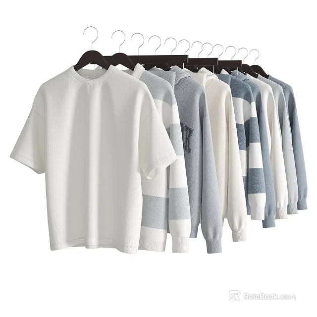 Loose Fit And Striped Casual Clothes Hanging On Hangers In White Gray Blue 3d model 