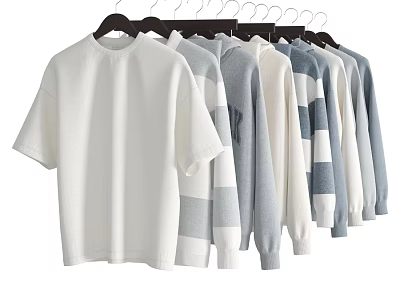 Loose Fit And Striped Casual Clothes Hanging On Hangers In White Gray Blue 3d model