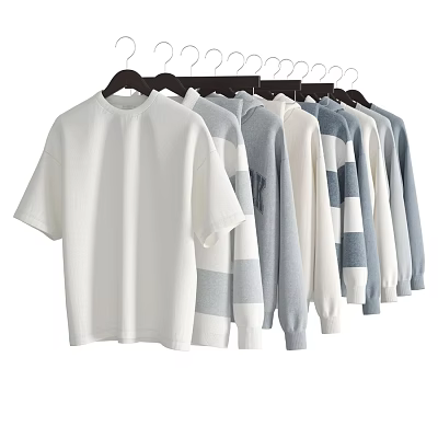 Loose Fit And Striped Casual Clothes Hanging On Hangers In White Gray Blue 3d model