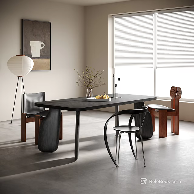 Modern Dining Set with Black Table Wooden Chairs Floor Lamp Window and Fruit 3d model 