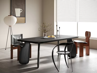 Modern Dining Set with Black Table Wooden Chairs Floor Lamp Window and Fruit 3d model