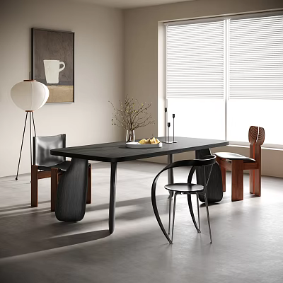 Modern Dining Set with Black Table Wooden Chairs Floor Lamp Window and Fruit 3d model