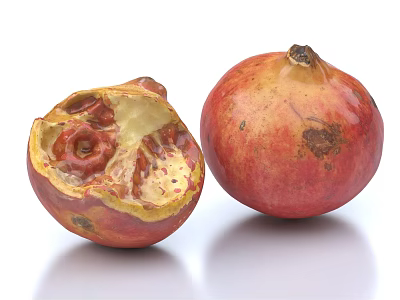 Fresh Red Pomegranate Whole and Cut Open with Juicy Arils on White Background 3d model