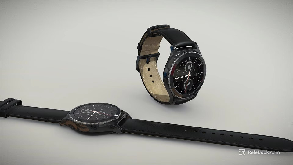 Two Modern Wristwatches With Black Leather Straps And Stylish Dials Displayed In Different Positions 3d model 