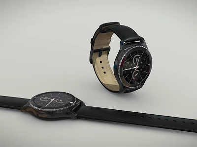 Two Modern Wristwatches With Black Leather Straps And Stylish Dials Displayed In Different Positions 3d model