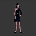 Woman In Black One Shoulder Dress With Belt And Black Shoes On Gray Background